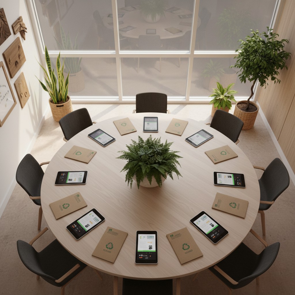 A spacious meeting room with a round table surrounded by 10 chairs, featuring 10 tablets and 10 notepads arranged on the t...