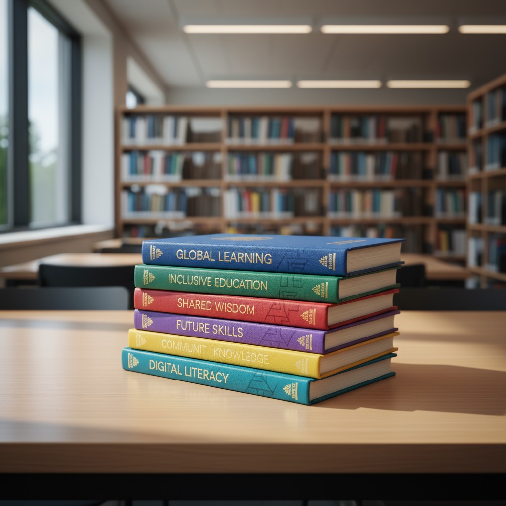 Image of seven stacked books, each with a color and word of wisdom: 'Global Learning' (navy), 'Inclusive Education' (green...