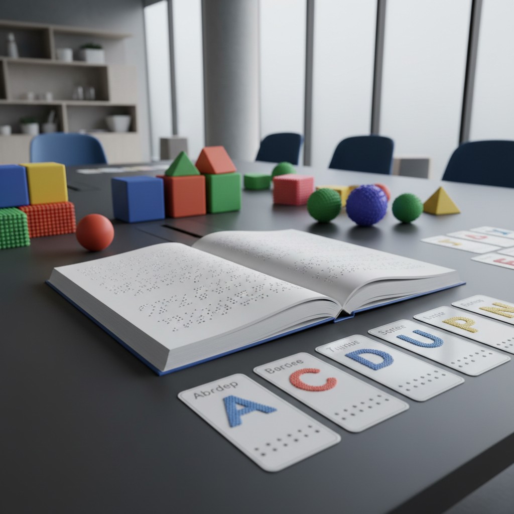 The image shows a group of children's learning materials including blocks, cards and a flat board-like item. The objects a...